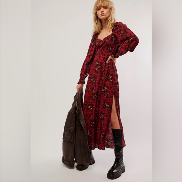 Free People Dresses & Skirts - Free People Smocked Floral Midi Dress Rust Red Boho Long Sleeve Size S